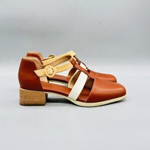 Camper Shoes Womens 8.5 Brown Leather Mary Jane Sandals Block Heel Colorblock